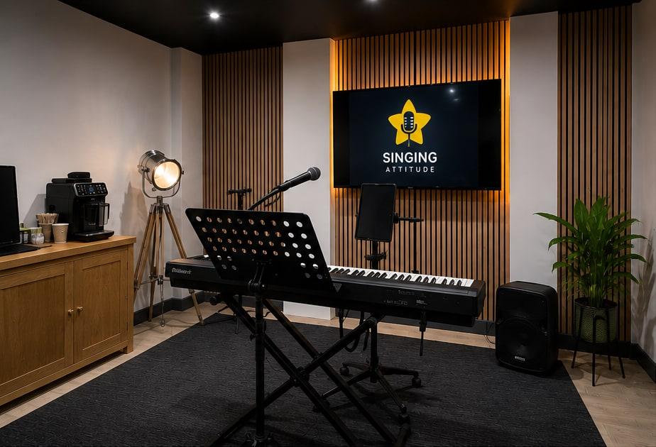 Ely Studio lesson room with keyboard, microphone and Singing Attitude screen